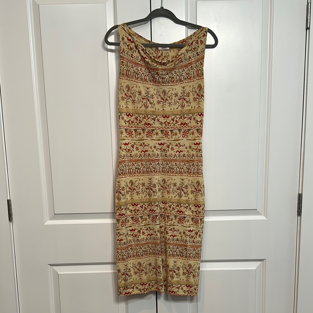 a'gaci Tan Sheath Midi Dress Sleeveless Cowl Neck